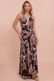ABSTRACT BELTED HALTER MAXI DRESS Anima Guzga