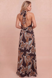 ABSTRACT BELTED HALTER MAXI DRESS Anima Guzga