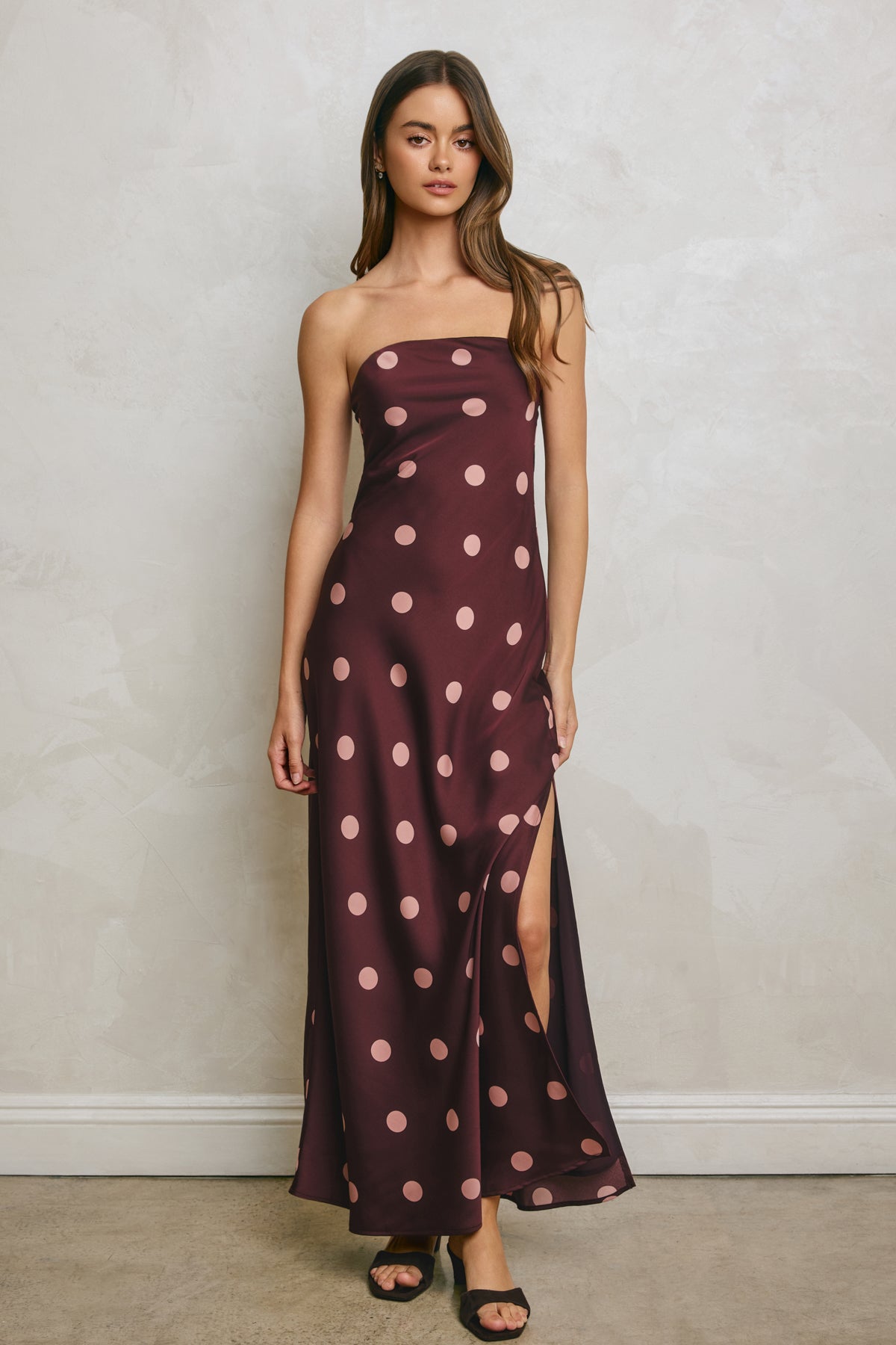 POLKA DOT SATIN STRAPLESS MAXI DRESS Anima Guzga