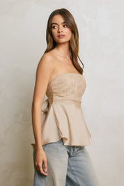 SATIN LACE STRAPLESS FLARED TOP Anima Guzga
