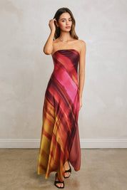 WATERCOLOR STRIPE SATIN STRAPLESS BIAS CUT MAXI DRESS Anima Guzga