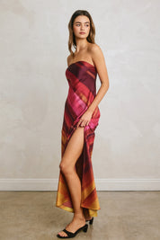 WATERCOLOR STRIPE SATIN STRAPLESS BIAS CUT MAXI DRESS Anima Guzga