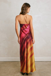 WATERCOLOR STRIPE SATIN STRAPLESS BIAS CUT MAXI DRESS Anima Guzga