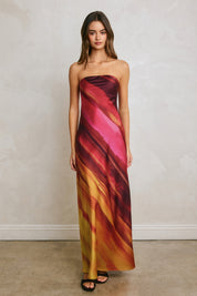 WATERCOLOR STRIPE SATIN STRAPLESS BIAS CUT MAXI DRESS Anima Guzga