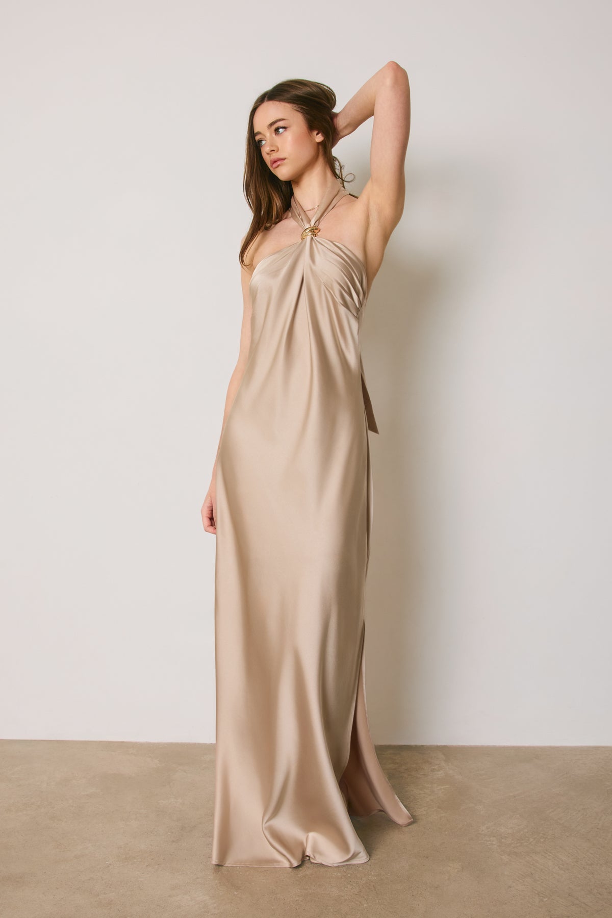 Satin Gold Trim Halter Maxi Dress Anima Guzga