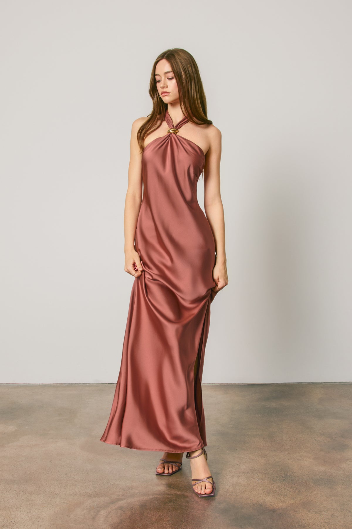 Satin Gold Trim Halter Maxi Dress Anima Guzga