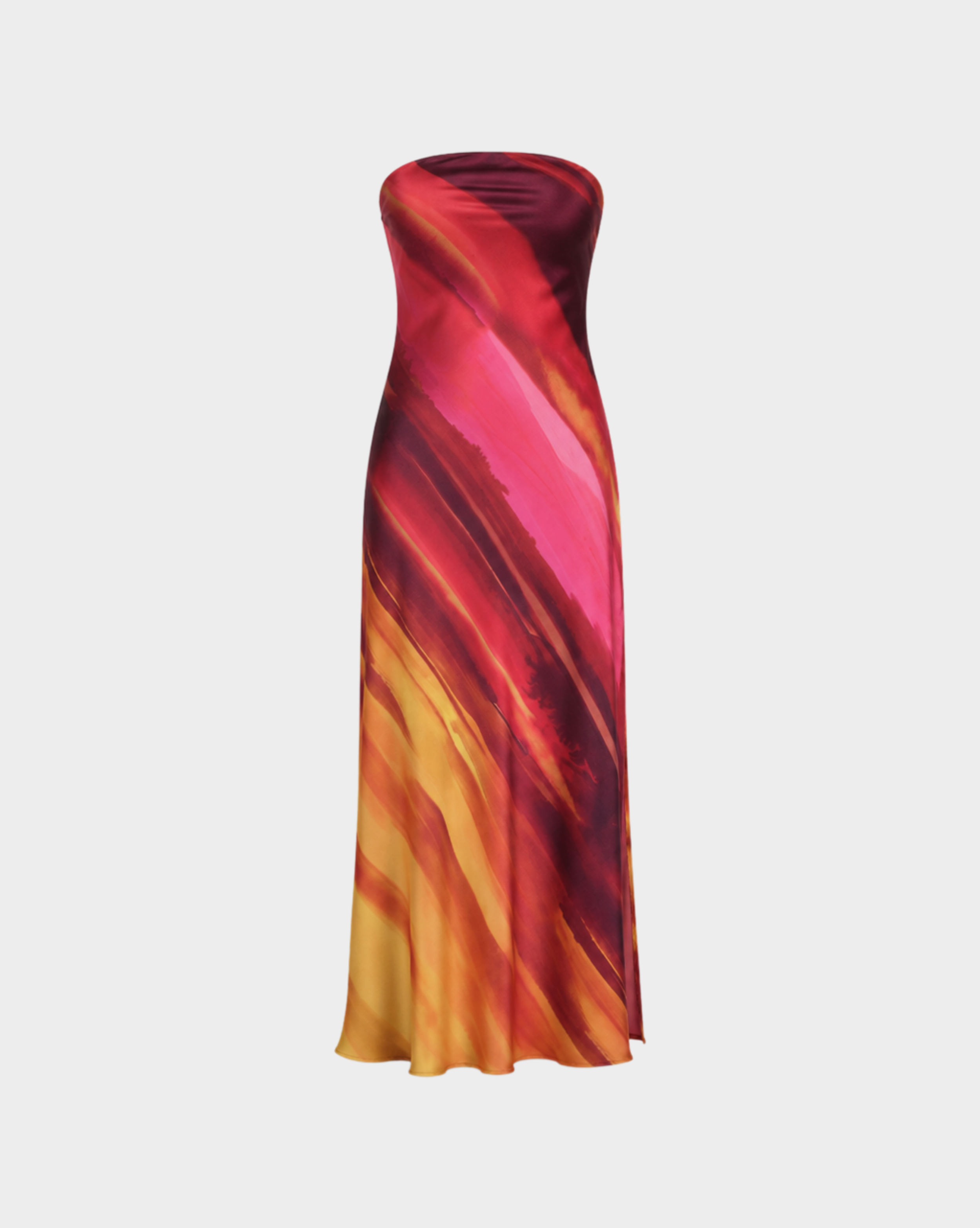 WATERCOLOR STRIPE SATIN STRAPLESS BIAS CUT MAXI DRESS Anima Guzga