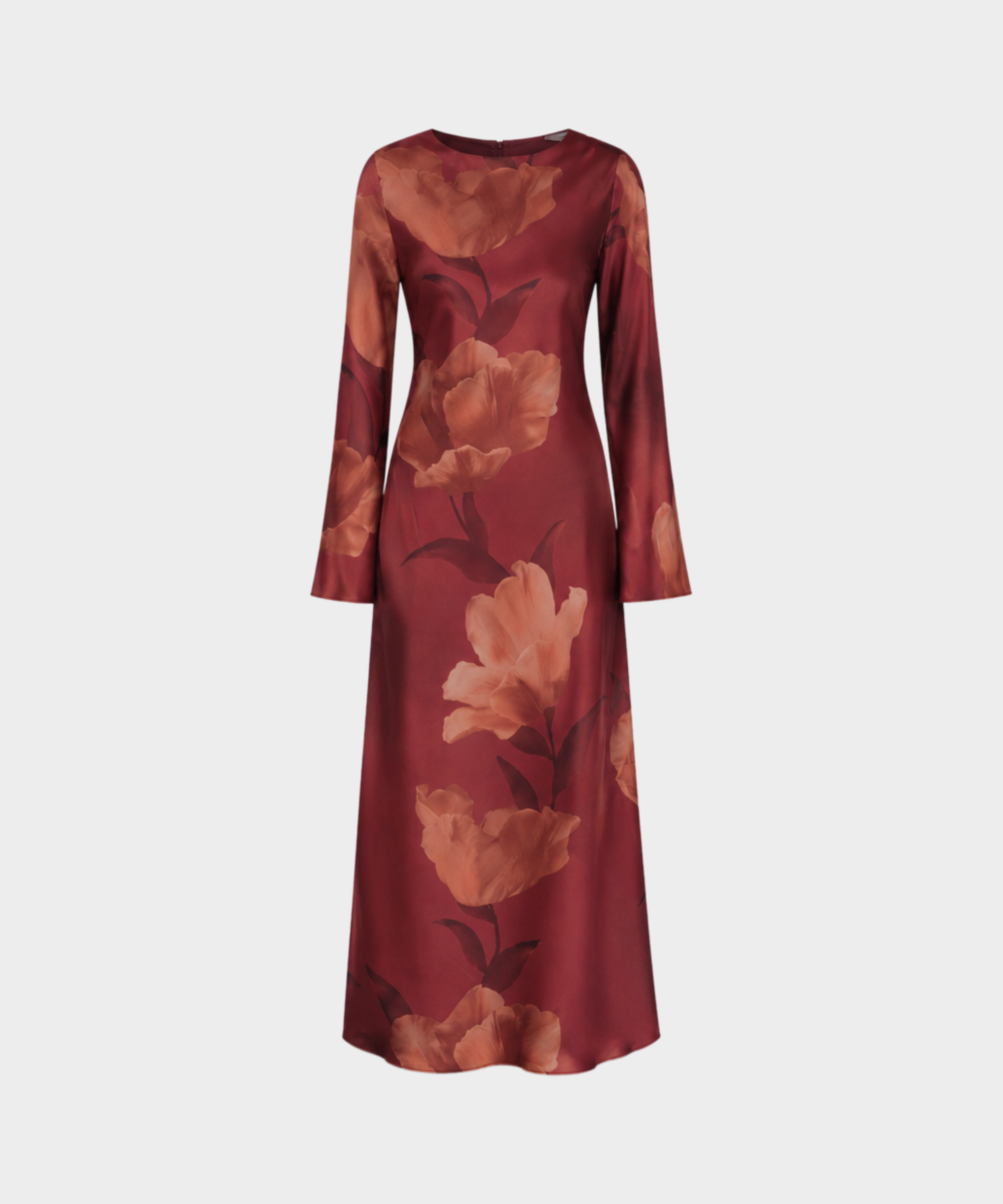 FLORAL SATIN BELL SLEEVE MAXI DRESS Anima Guzga