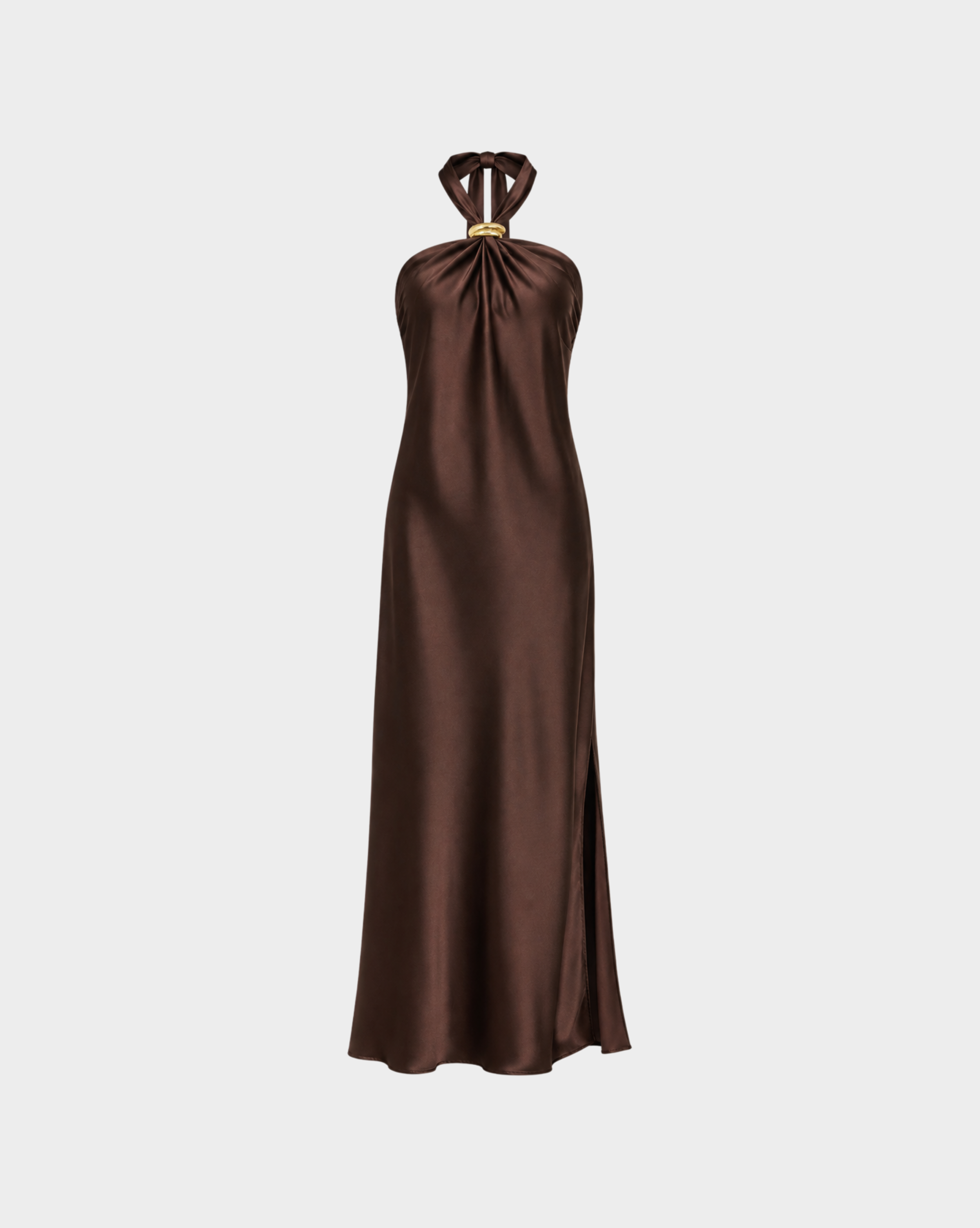 SATIN GOLD TRIM HALTER MAXI DRESS Anima Guzga