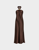 SATIN GOLD TRIM HALTER MAXI DRESS