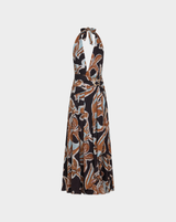 ABSTRACT BELTED HALTER MAXI DRESS