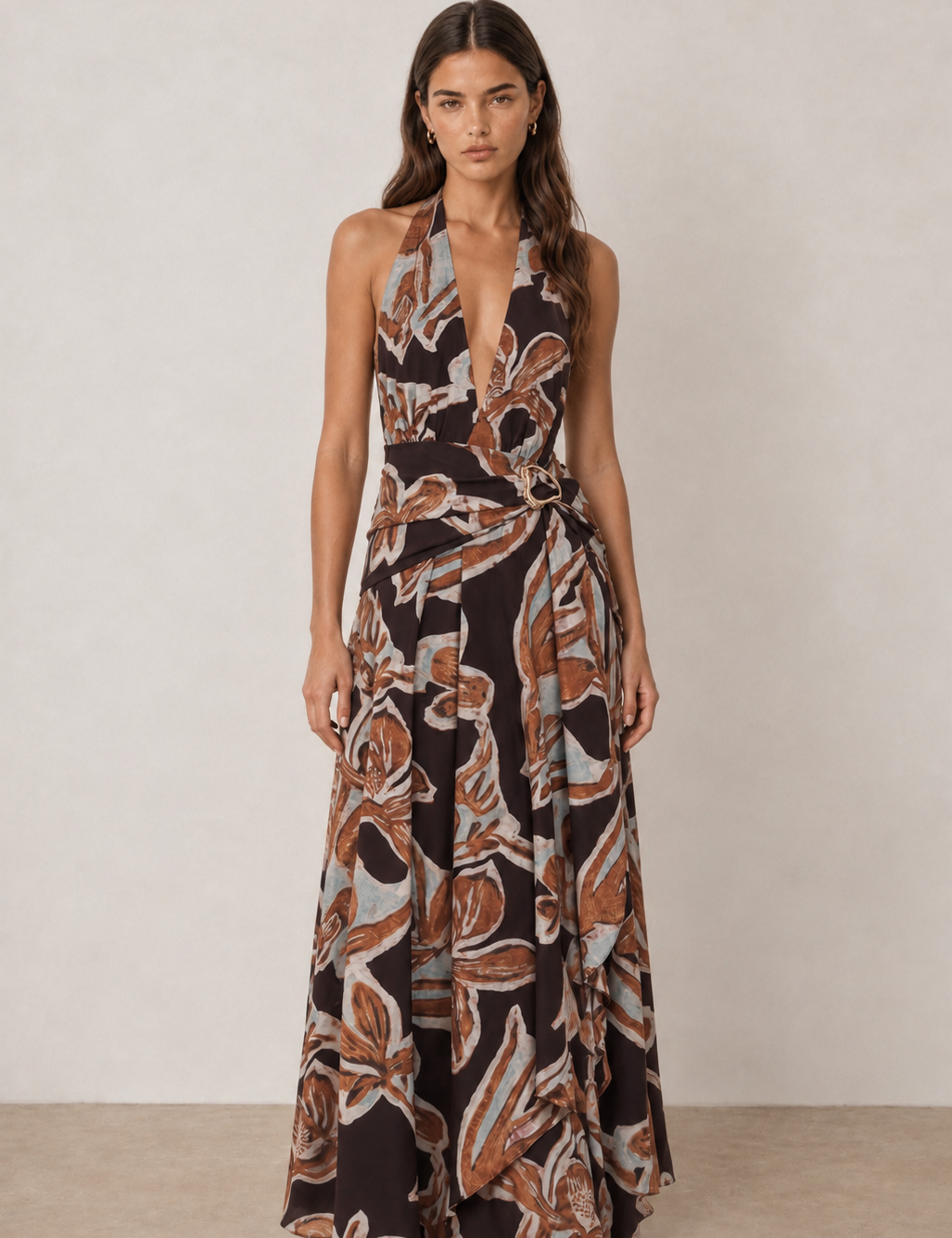 ABSTRACT BELTED HALTER MAXI DRESS Anima Guzga