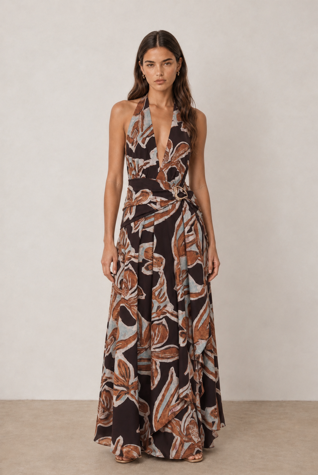 ABSTRACT BELTED HALTER MAXI DRESS Anima Guzga